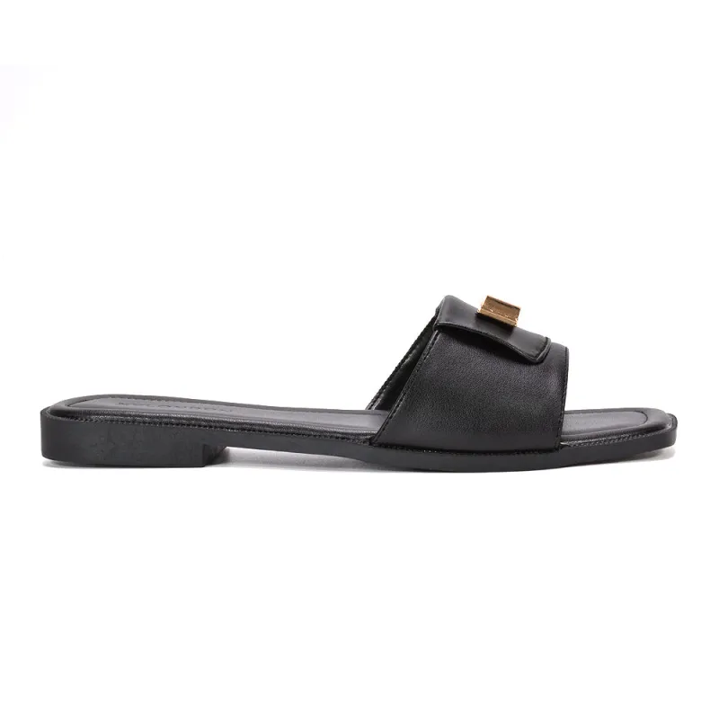 Siena Slip On Flat Sandals Square Toe Fold Over Strap Slides in Black Synthetic Leather made by XYlondon