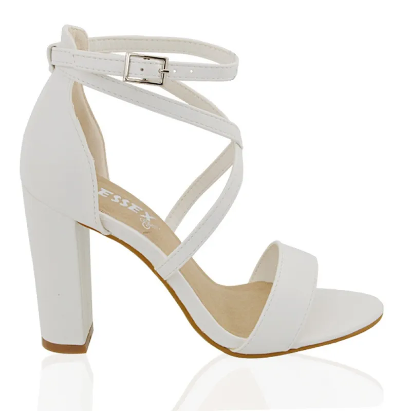 Briella Womens Cross Over Buckle Strap Block High Heel Sandals in White Synthetic Leather made by XYlondon