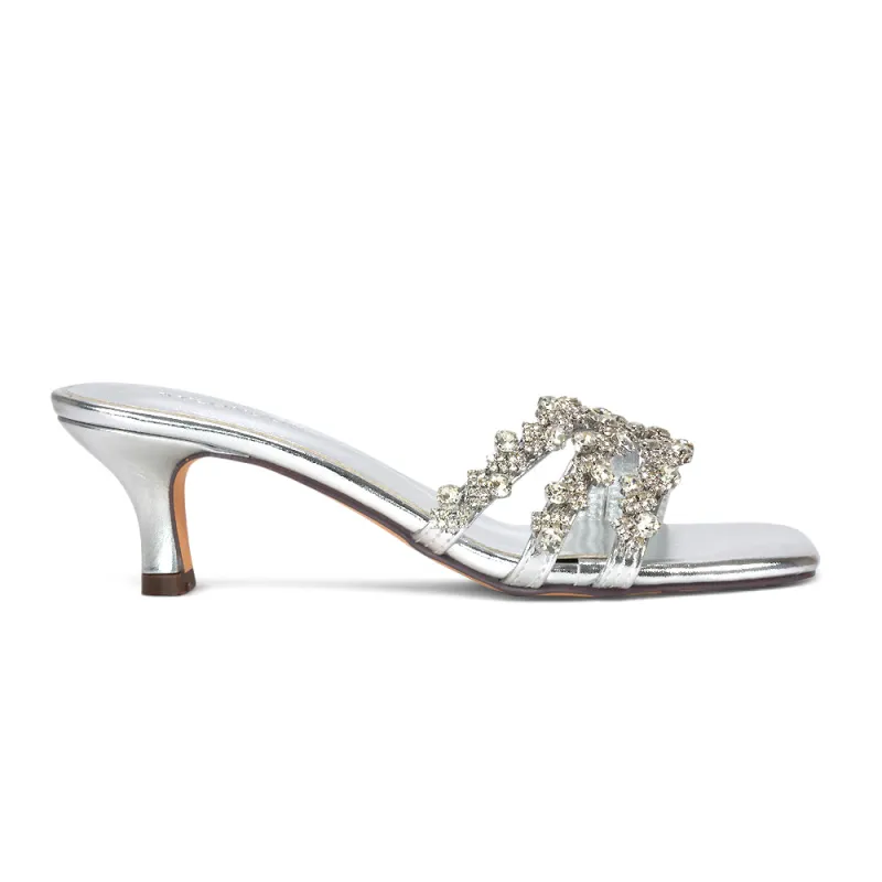Rosa Mid Stiletto Heel Diamante Strappy Square Toe Heeled Mules in Silver made by XYlondon