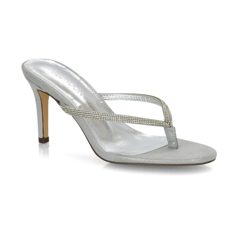 Freya Diamante Strappy Toe Post Stiletto Flip Flop Mule Heels in Silver made by XYlondon