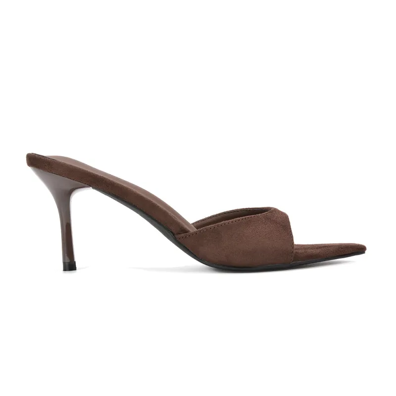 Clea Mid Heel Slip On Pointed Toe Mule Heeled Sandals in Brown Faux Suede made by XYlondon