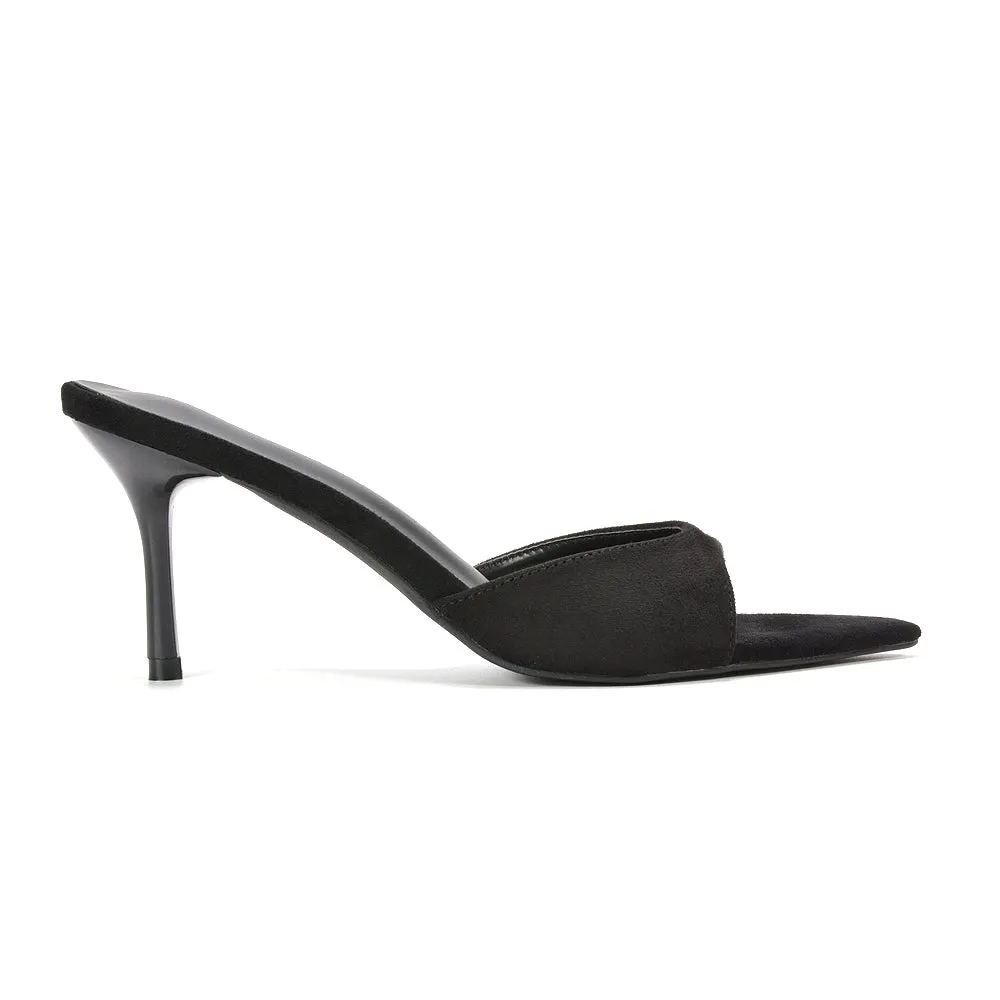 Clea Mid Heel Slip On Pointed Toe Mule Heeled Sandals in Black Faux Suede sold by XYlondon