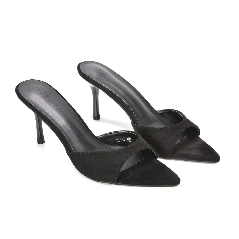 Clea Mid Heel Slip On Pointed Toe Mule Heeled Sandals in Black Faux Suede sold by XYlondon product image thumbnail 5