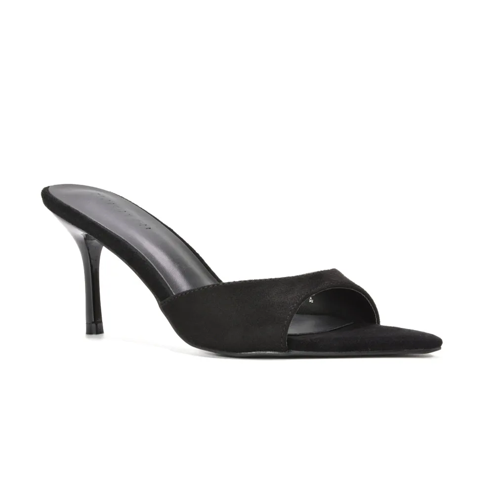 Clea Mid Heel Slip On Pointed Toe Mule Heeled Sandals in Black Faux Suede sold by XYlondon product image thumbnail 2