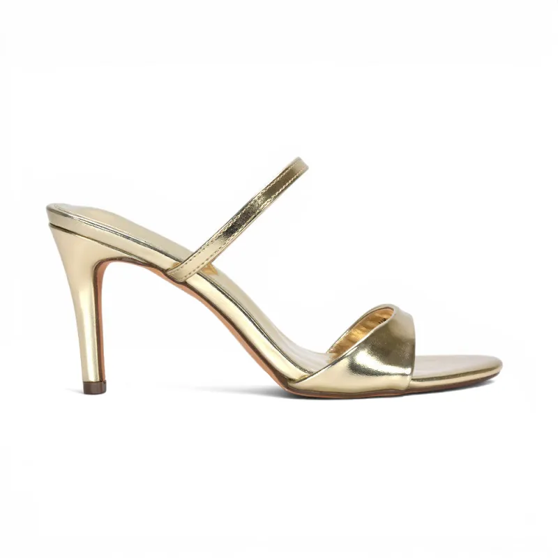 Carina Stiletto High Heel Slip On Strappy Mules in Gold Metallic made by XYlondon