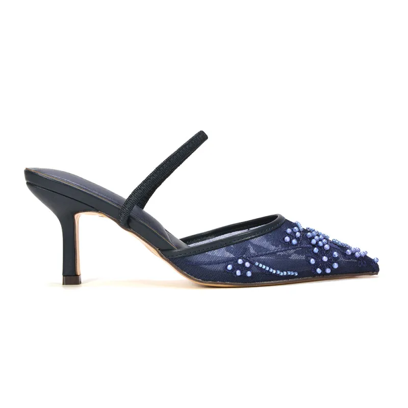 Naya Embroidered Court Shoes Slingback Pointed Toe Mid Stiletto Heels in Navy made by XYlondon