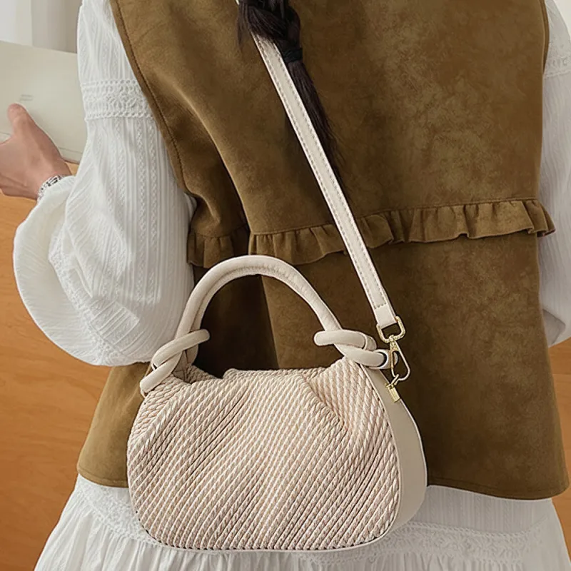 Sunset Woven Mini Bag With Top Handle and Crossbody Strap in Beige made by XYlondon