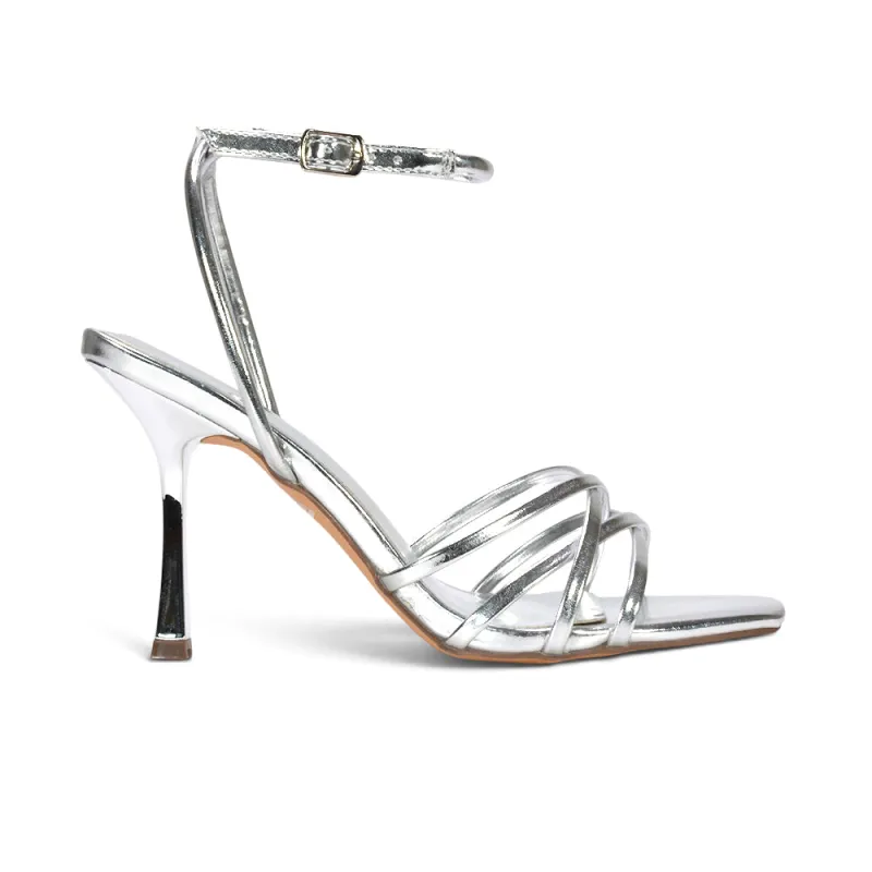 Simone Strappy Stiletto Heeled Sandals With Square Toe in Silver Metallic made by XYlondon
