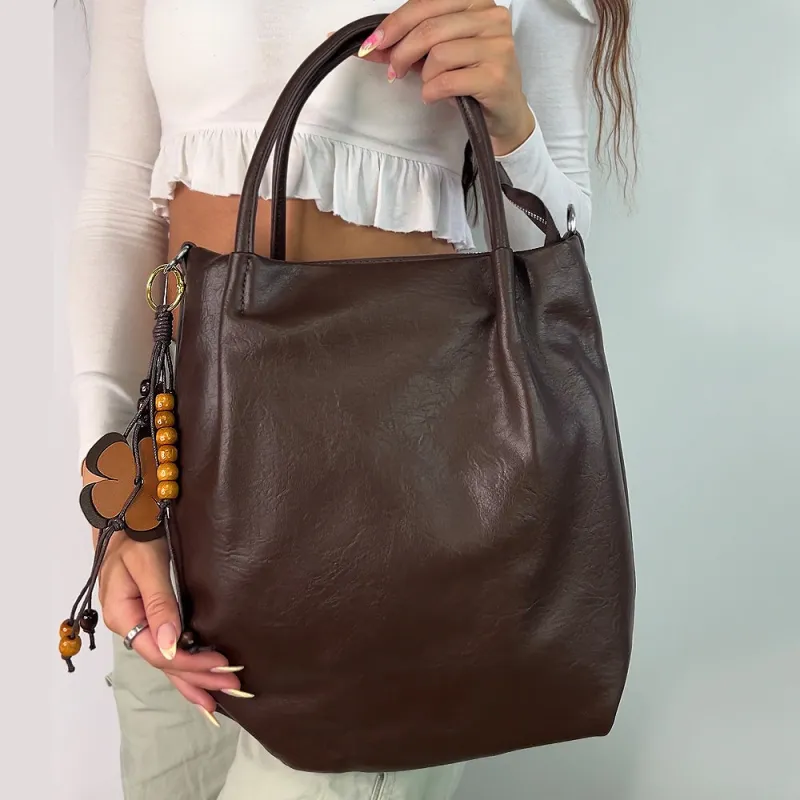 Alessa Shoulder Tote Bag With Floral Charm in Brown made by XYlondon