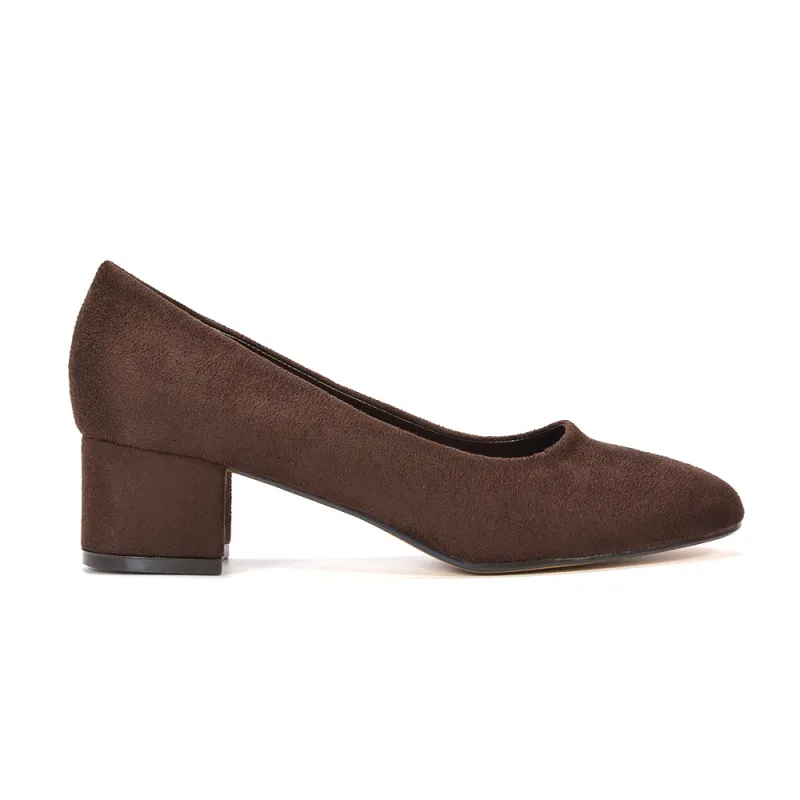 Liberty Low Block Heel Round Toe Slip On Classic Court Shoes in Brown Faux Suede made by XYlondon