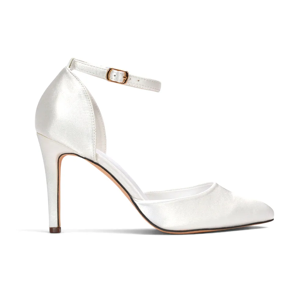 Ami High Heel Stilettos Pointed Toe Strappy Court Shoes in Ivory Satin sold by XYlondon