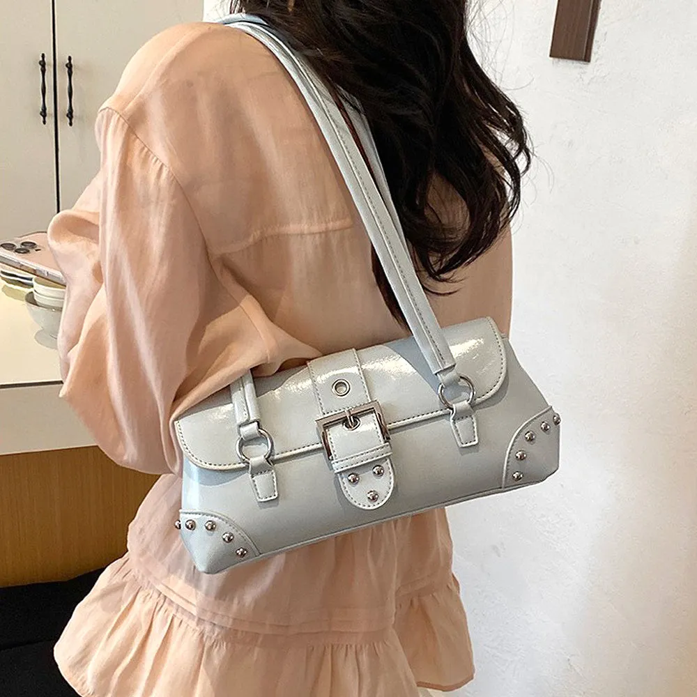 Caria Studded Faux Leather Structured Shoulder Bag With Belt in Blue sold by XYlondon product image thumbnail 3