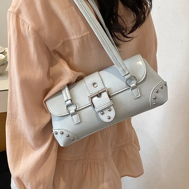 Caria Studded Faux Leather Structured Shoulder Bag With Belt in Blue made by XYlondon