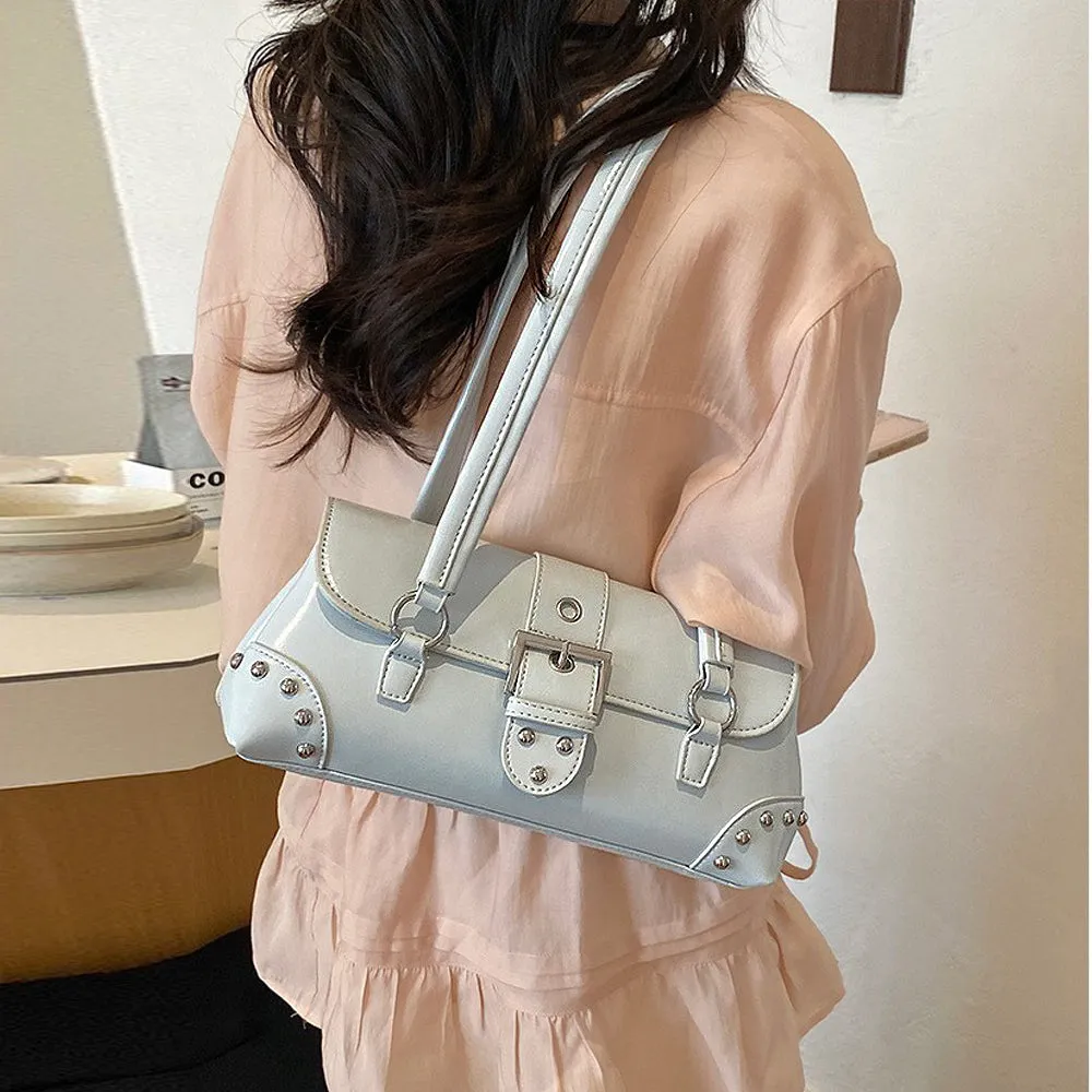 Caria Studded Faux Leather Structured Shoulder Bag With Belt in Blue sold by XYlondon product image thumbnail 2