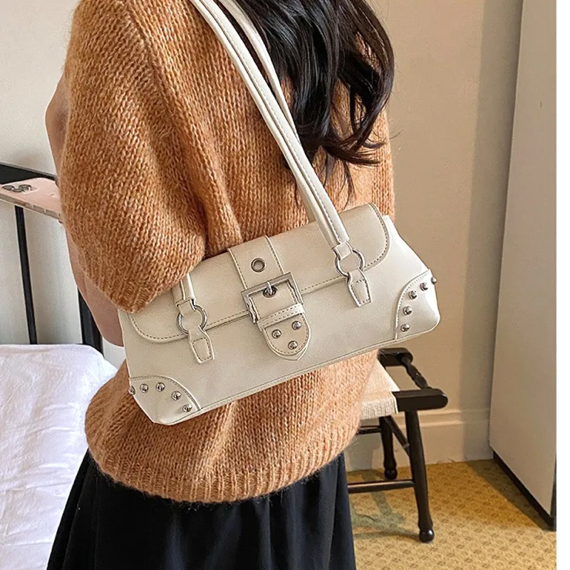 Caria Studded Faux Leather Structured Shoulder Bag With Belt in Beige made by XYlondon