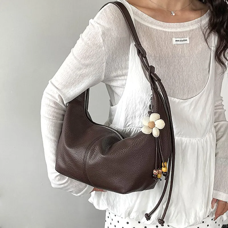 Calla Faux Leather Crescent Shoulder Handbag With Crossbody Strap in Brown made by XYlondon