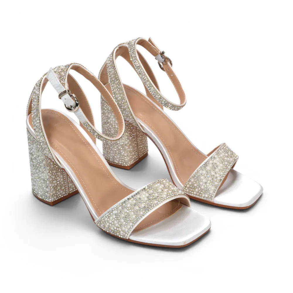 Love Pearl Jewel Ankle Strap Block High Heel Bridal Shoes in White sold by XYlondon product image thumbnail 5