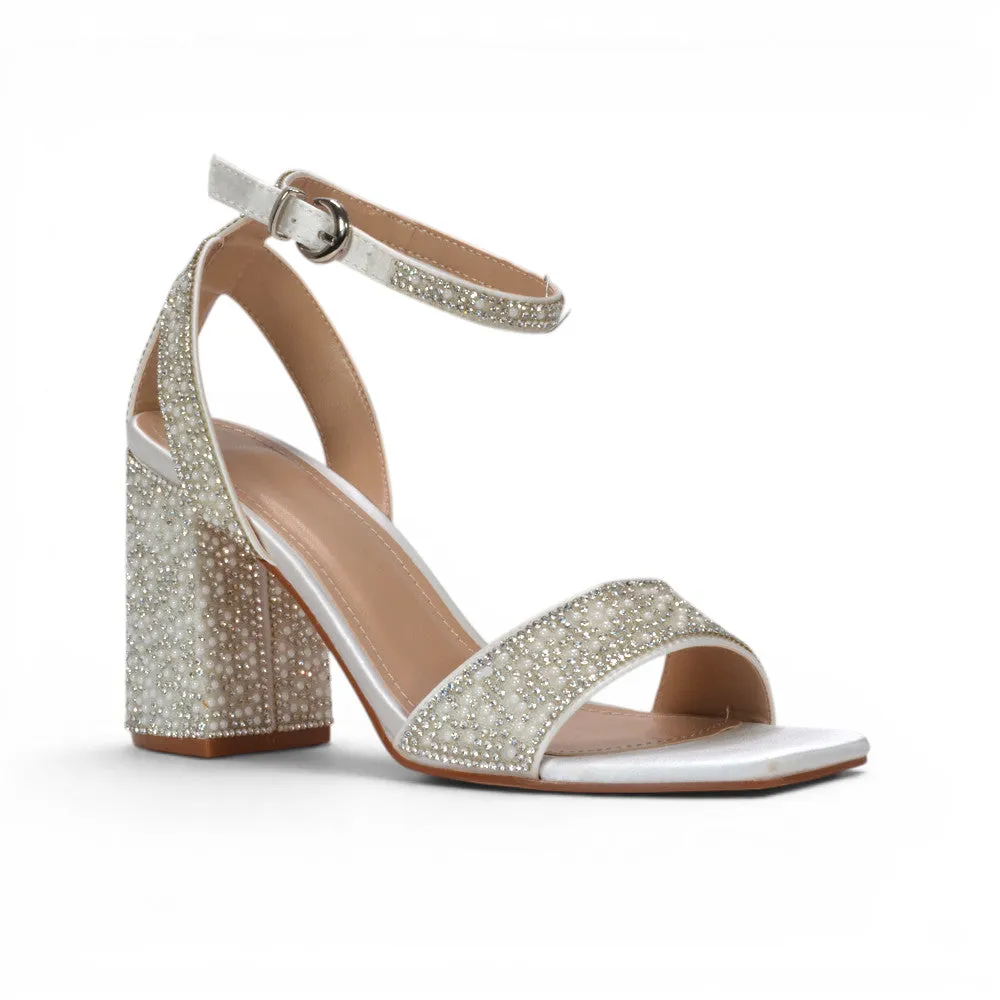 Love Pearl Jewel Ankle Strap Block High Heel Bridal Shoes in White sold by XYlondon product image thumbnail 2