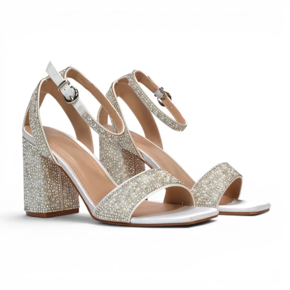 Love Pearl Jewel Ankle Strap Block High Heel Bridal Shoes in White sold by XYlondon product image thumbnail 3