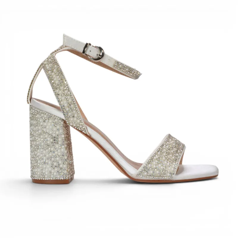 Love Pearl Jewel Ankle Strap Block High Heel Bridal Shoes in White made by XYlondon