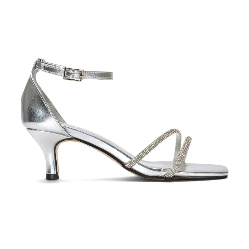 Kenzie Diamante Sparkly Strappy Kitten Heel Sandals in Silver Metallic made by XYlondon