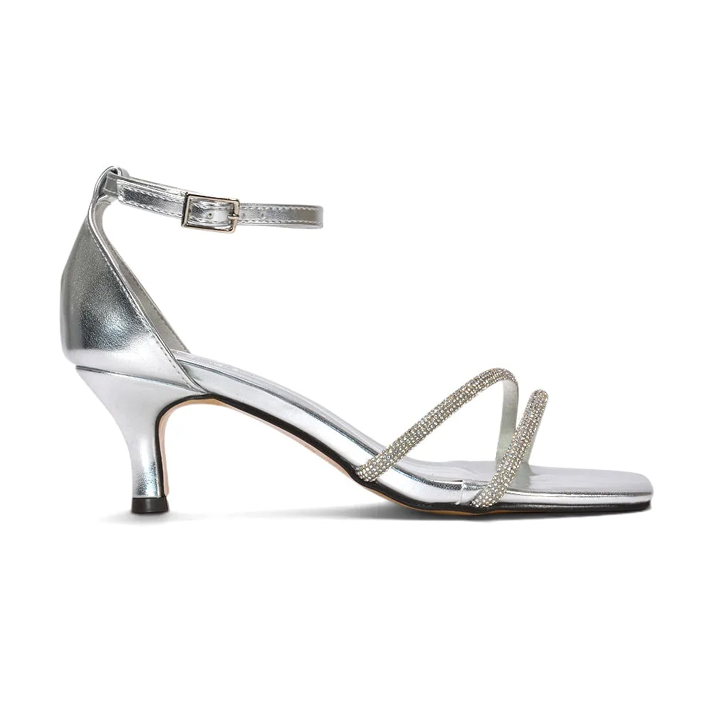 Kenzie Diamante Sparkly Strappy Kitten Heel Sandals in Silver Metallic sold by XYlondon