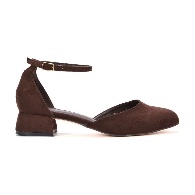 Gabriella Low Block Heel Ankle Strap Court Shoes in Brown Faux Suede made by XYlondon