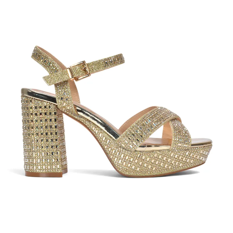 Carolina Sparkly Rhinestone Strappy Platform Block High Heel in Gold made by XYlondon
