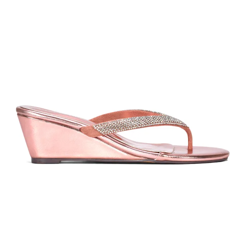 Mica Low Heel Sparkly Flip Flop Wedge Sandals in Rose Gold Metallic made by XYlondon