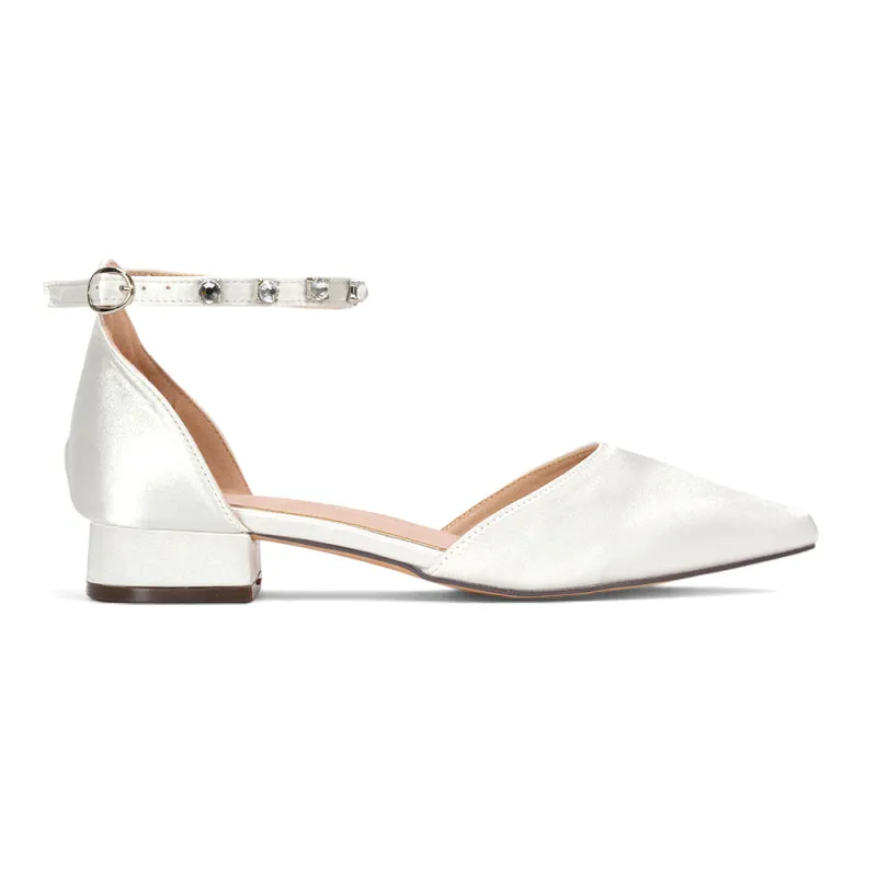 Mariah Low Block Heel Diamante Ankle Strap Court Shoes in Ivory Satin made by XYlondon