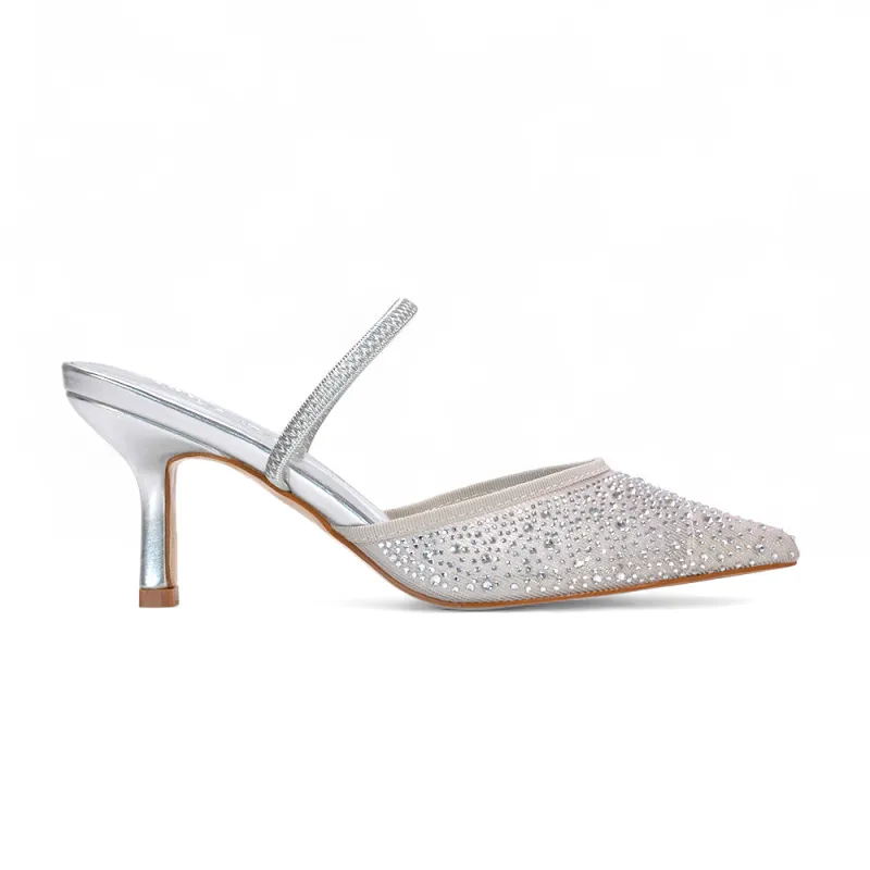 Nola Stiletto Party Heels Rhinestone Court Shoes in Silver made by XYlondon