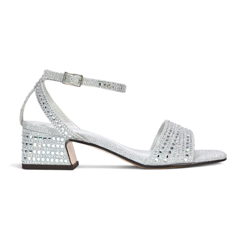 Leyla Sparkly Diamante Strappy Block Mid Block Heel Sandals in Silver made by XYlondon