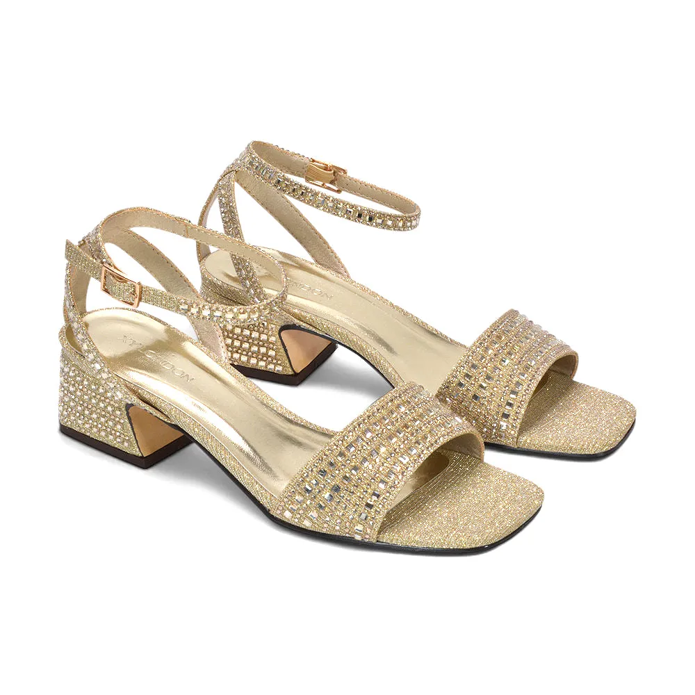 Leyla Sparkly Diamante Strappy Block Mid Block Heel Sandals in Gold sold by XYlondon product image thumbnail 4