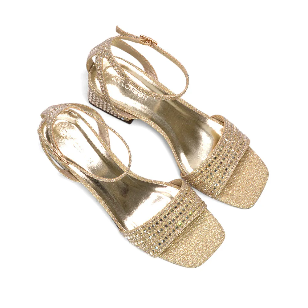 Leyla Sparkly Diamante Strappy Block Mid Block Heel Sandals in Gold sold by XYlondon product image thumbnail 3