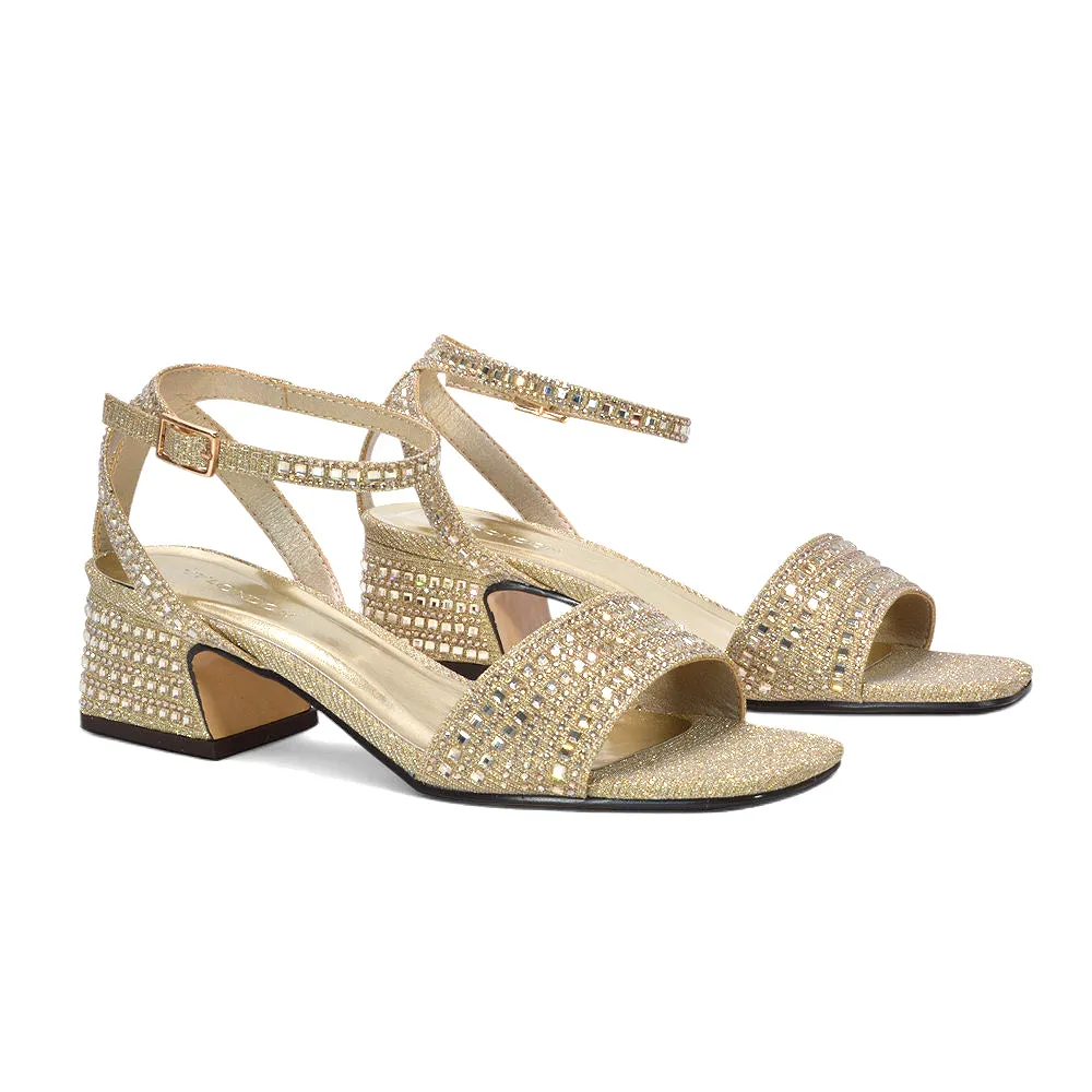 Leyla Sparkly Diamante Strappy Block Mid Block Heel Sandals in Gold sold by XYlondon product image thumbnail 5