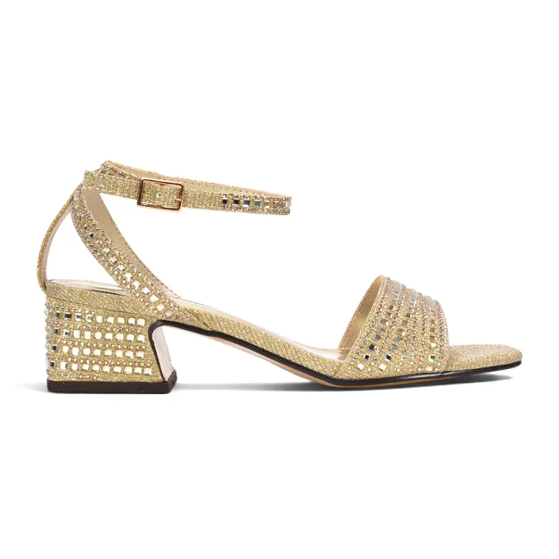 Leyla Sparkly Diamante Strappy Block Mid Block Heel Sandals in Gold made by XYlondon