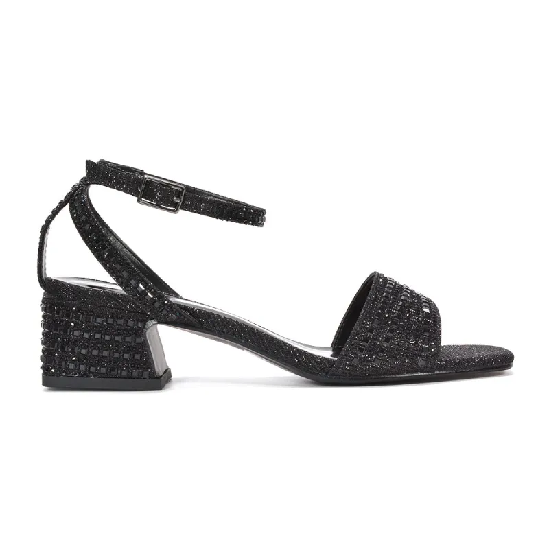 Leyla Sparkly Diamante Strappy Block Mid Block Heel Sandals in Black made by XYlondon