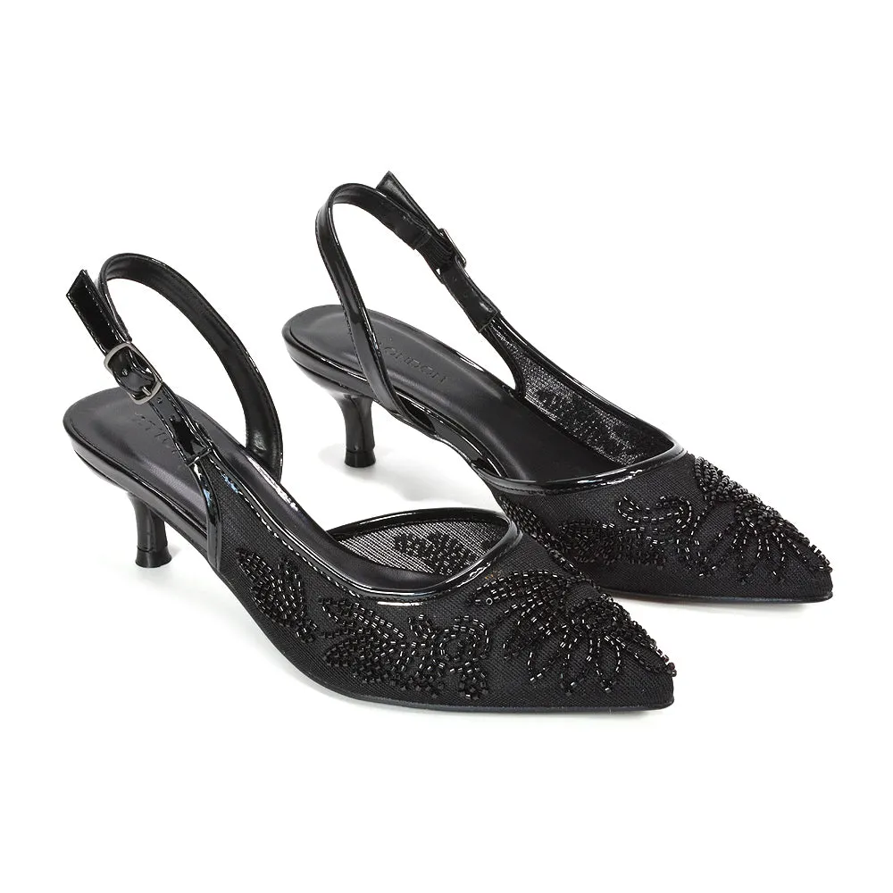 Hanna Pointed Toe Slingback Kitten Heels With Embroidery in Black sold by XYlondon product image thumbnail 5