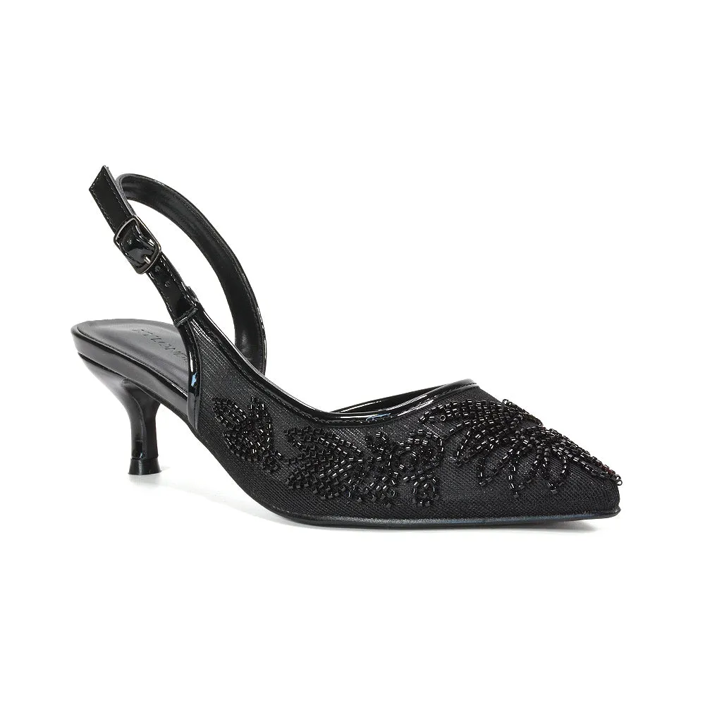 Hanna Pointed Toe Slingback Kitten Heels With Embroidery in Black sold by XYlondon product image thumbnail 2