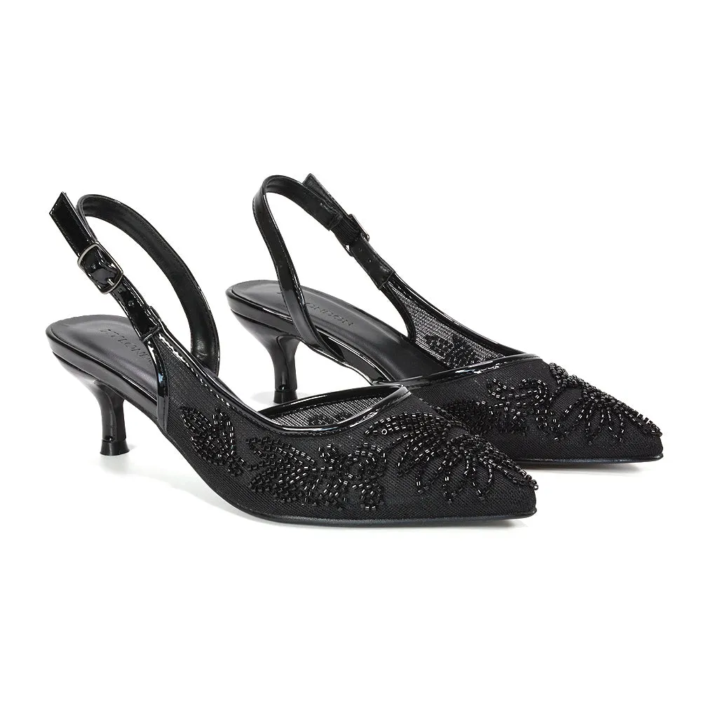 Hanna Pointed Toe Slingback Kitten Heels With Embroidery in Black sold by XYlondon product image thumbnail 3