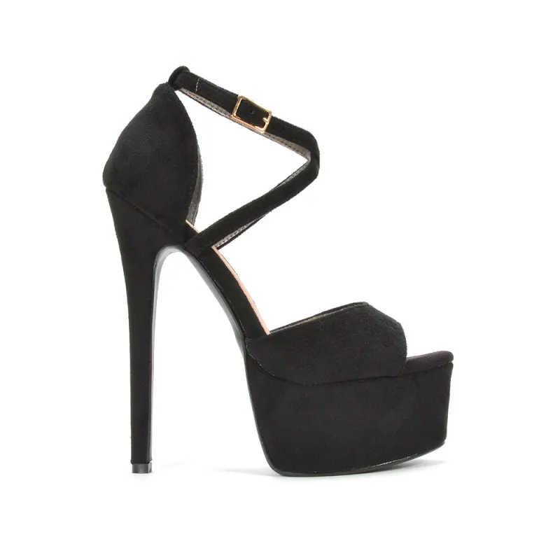 Suzanna Strappy Peep Toe Platform Stiletto High Heels in Black Faux Suede made by XYlondon