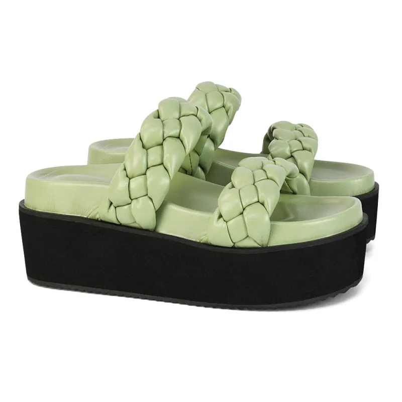 Regina Woven Double Strap Flatform Slip On Sandals in Mint Synthetic Leather made by XYlondon