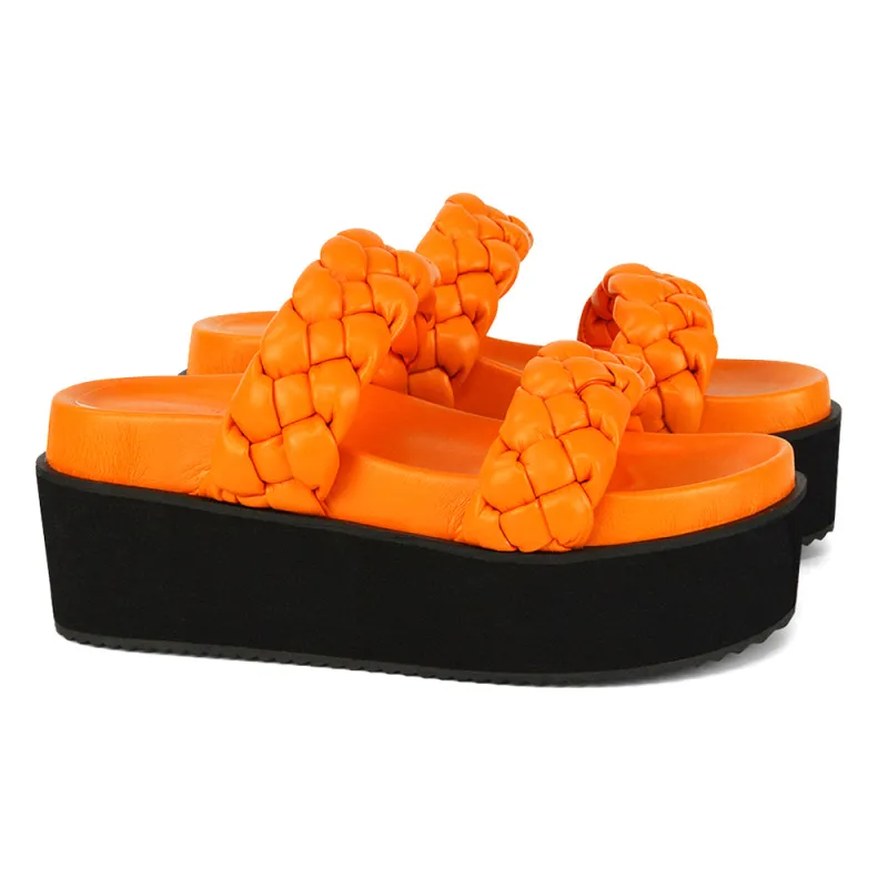 Regina Woven Double Strap Flatform Slip On Sandals in Orange Synthetic Leather made by XYlondon