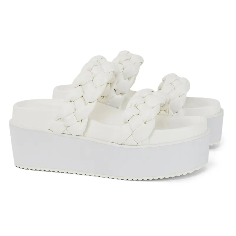 Regina Woven Double Strap Flatform Slip On Sandals in White Synthetic Leather made by XYlondon