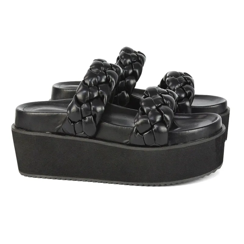 Regina Woven Double Strap Flatform Slip On Sandals in Black Synthetic Leather made by XYlondon