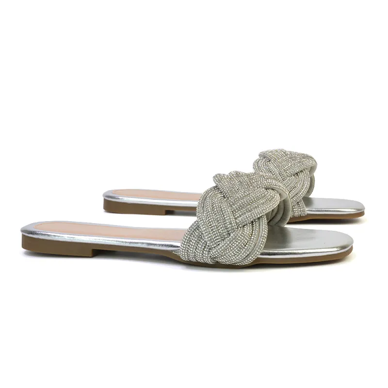 Robin Strappy Square Toe Metallic Summer Diamante Flat Sandal Slides in Silver made by XYlondon