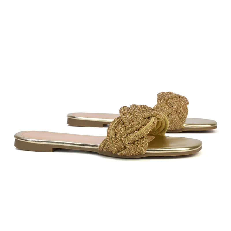 Robin Strappy Square Toe Metallic Summer Diamante Flat Sandal Slides in Gold made by XYlondon