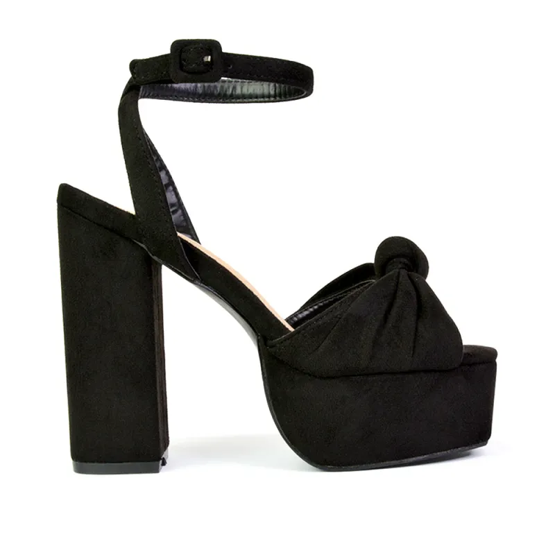 Leslie Ankle Strap Platform Block High Heels in Black Faux Suede made by XYlondon