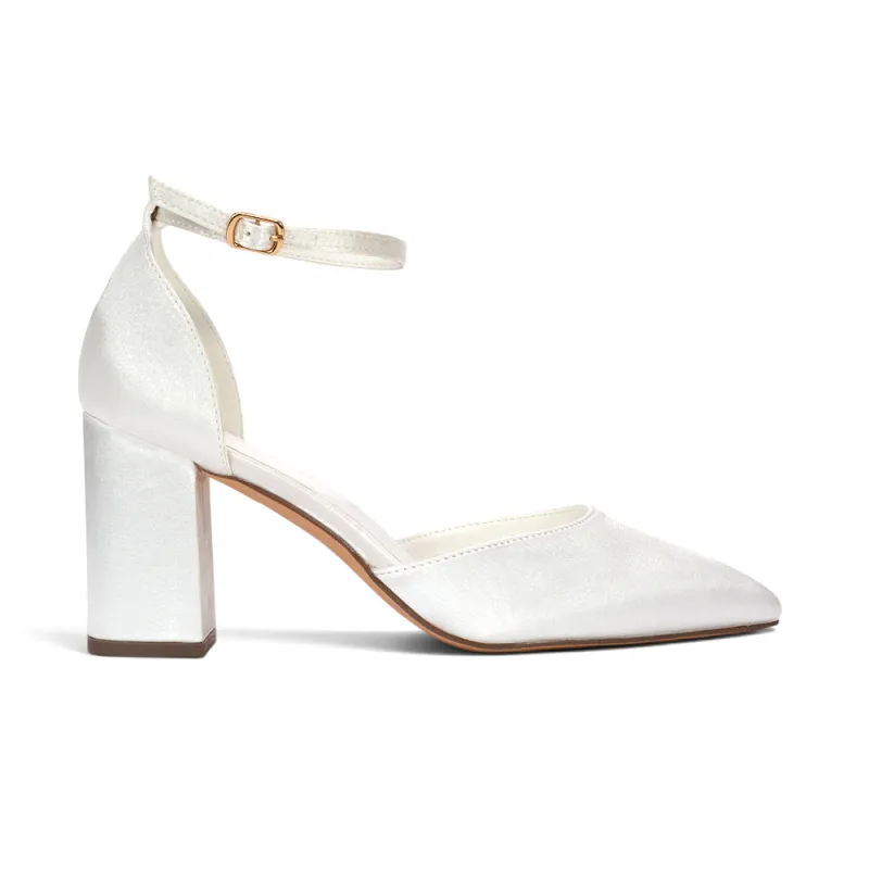 Jocelyn Block High Heel Ankle Strap Pointed Toe Court Shoes in Ivory Satin made by XYlondon