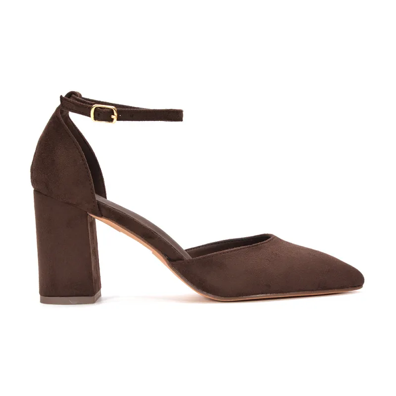 Jocelyn Block High Heel Ankle Strap Pointed Toe Court Shoes in Brown Faux Suede made by XYlondon